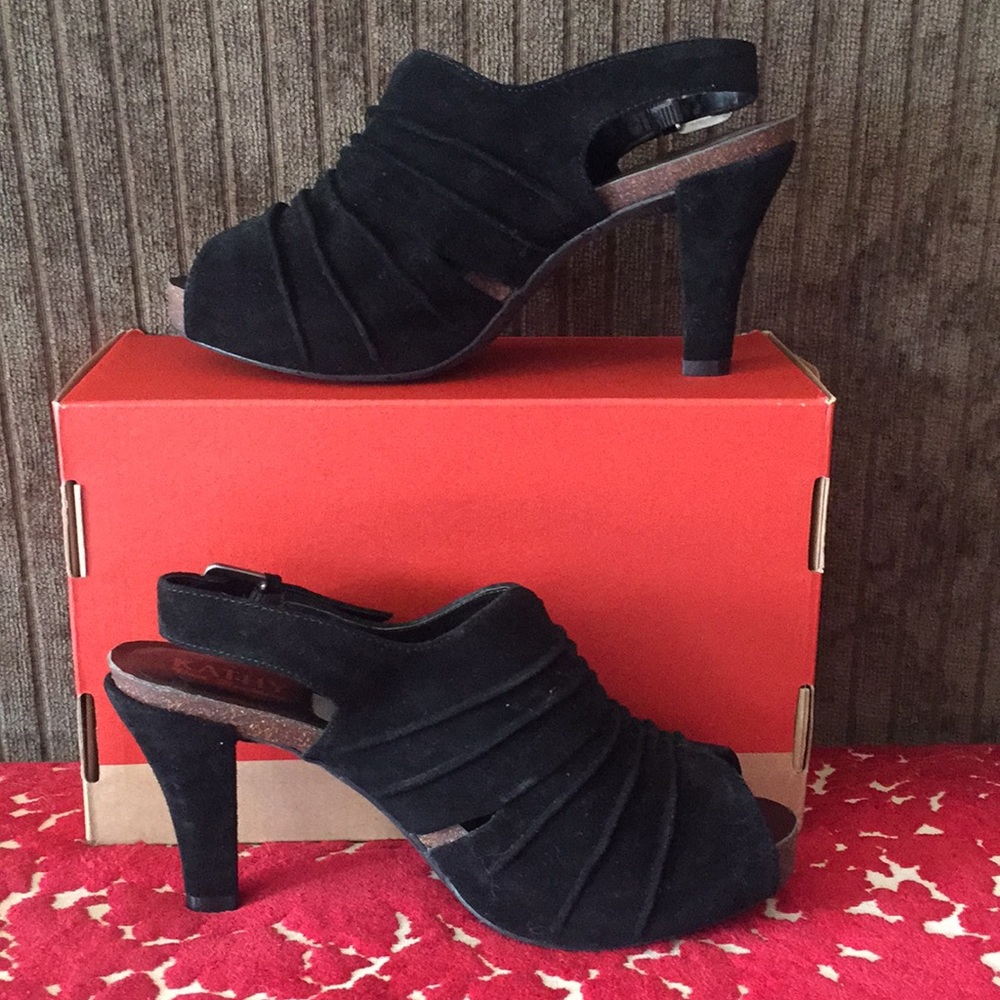 Kathy VanZeeland Peep Toe Black Suede Leather Heel